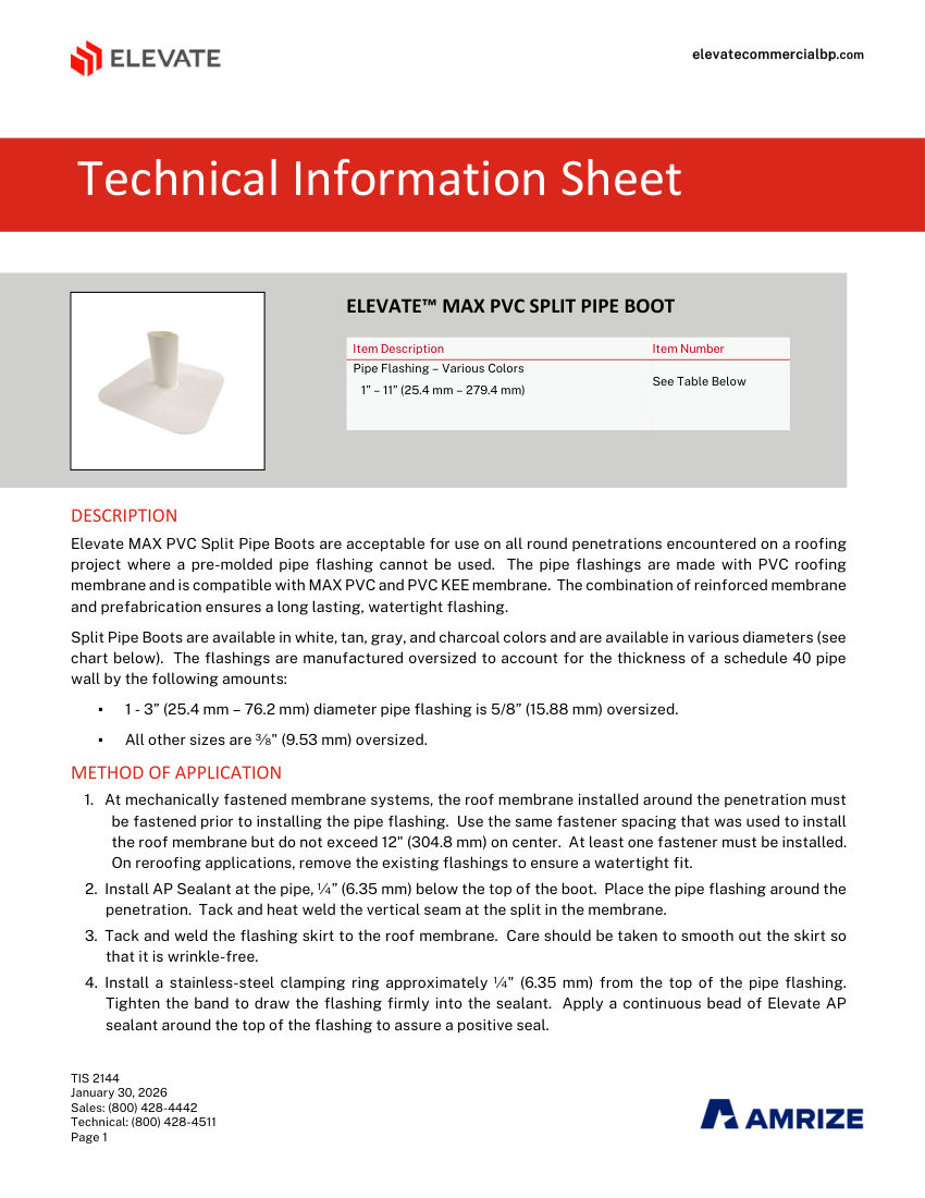 Elevate TIS 2144 - ELEVATE MAX PVC SPLIT PIPE BOOT cut sheet — first page