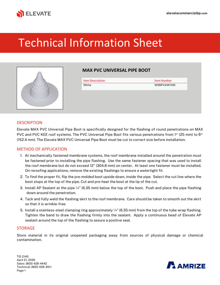 Elevate TIS 2145 - MAX PVC UNIVERSAL PIPE BOOT cut sheet — first page