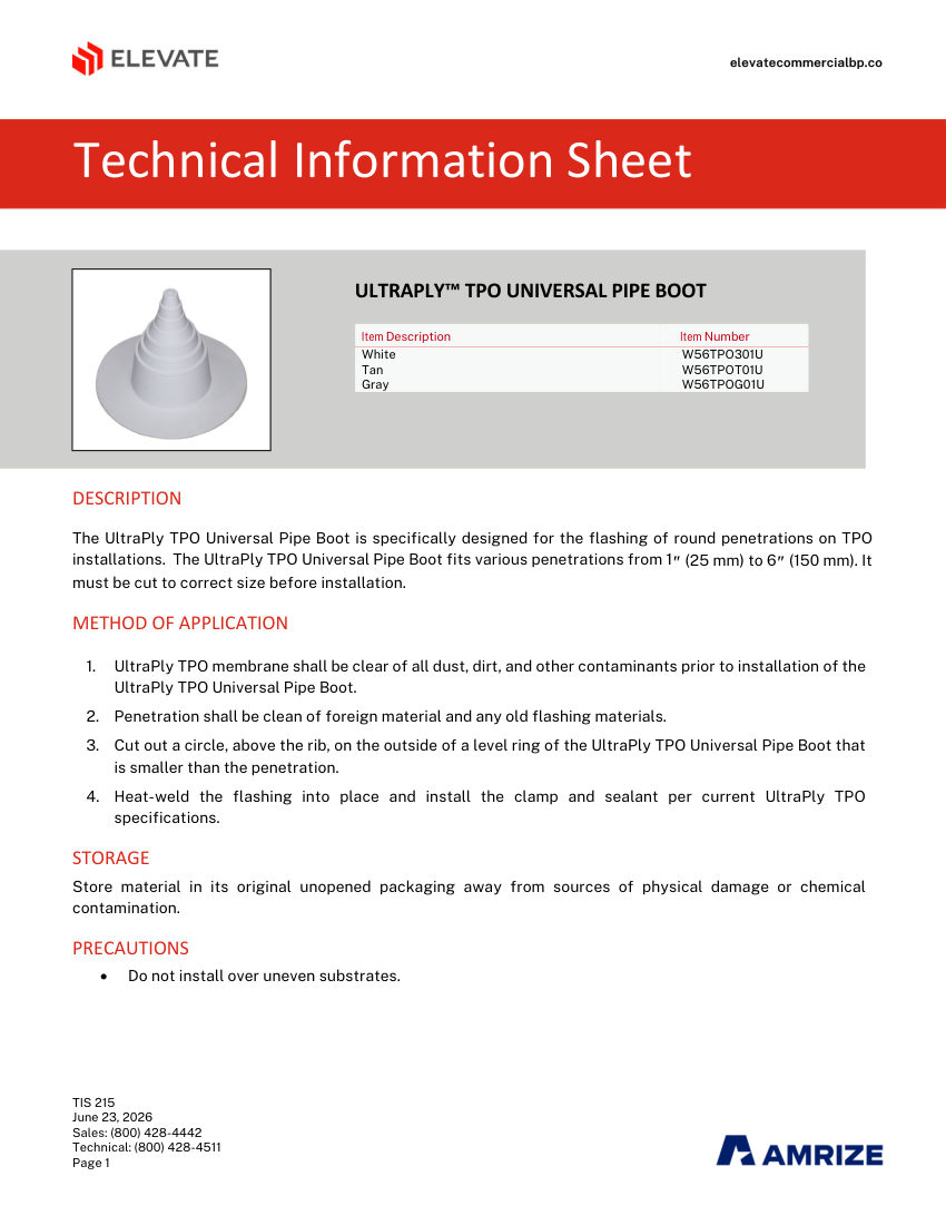 Elevate TIS 215 - TPO UNIVERSAL PIPE BOOT cut sheet — first page
