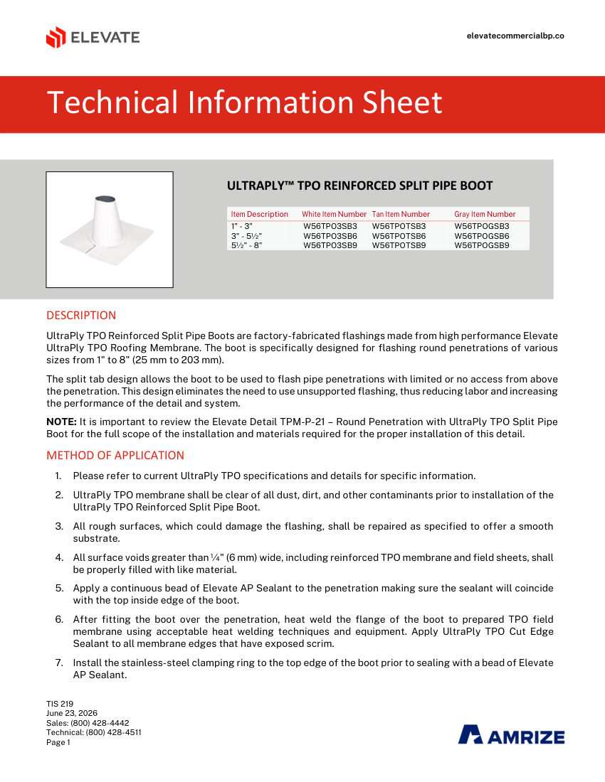 Elevate TIS 219 - ULTRAPLY TPO REINFORCED SPLIT PIPE BOOT cut sheet — first page