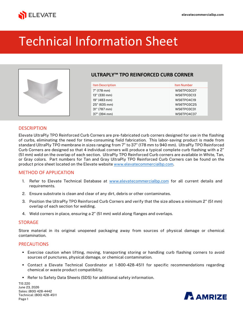 Elevate TIS 220 - ULTRAPLY TPO REINFORCED CURB CORNER cut sheet — first page