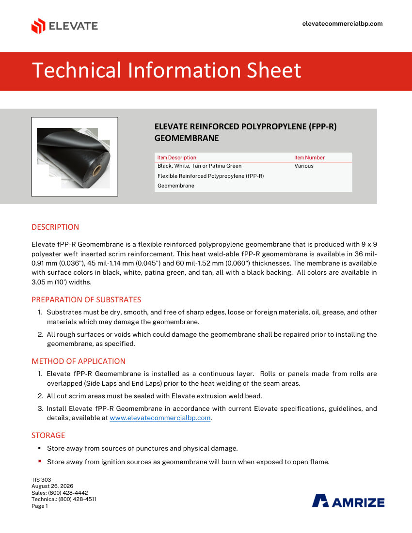 Elevate TIS 303 - REINFORCED POLYPROPYLENE (fPP-R) GEOMEMBRANE cut sheet — first page