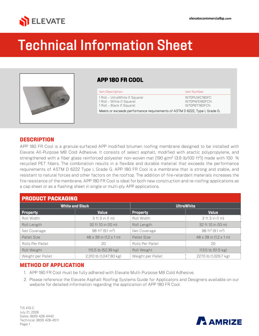 Elevate TIS 410-C - APP 180 FR COOL cut sheet — first page