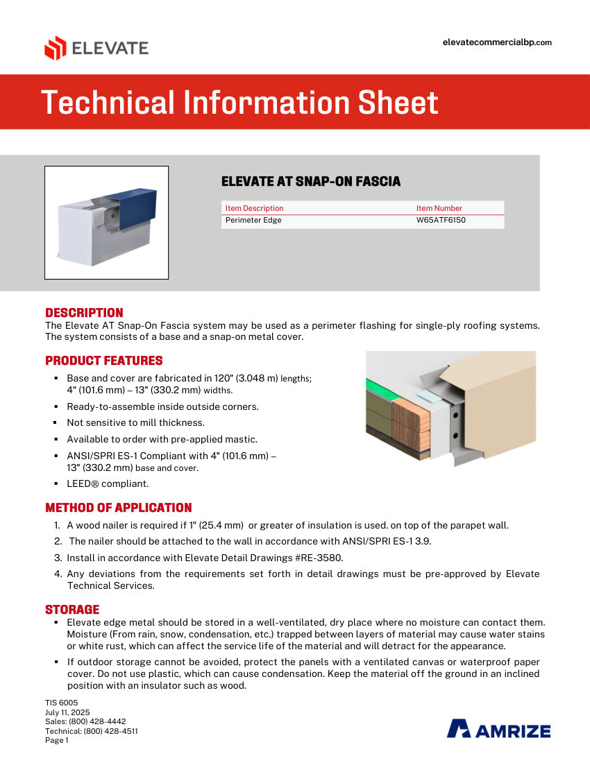 Elevate TIS 6005 - Elevate AT Snap-On Fascia cut sheet — first page