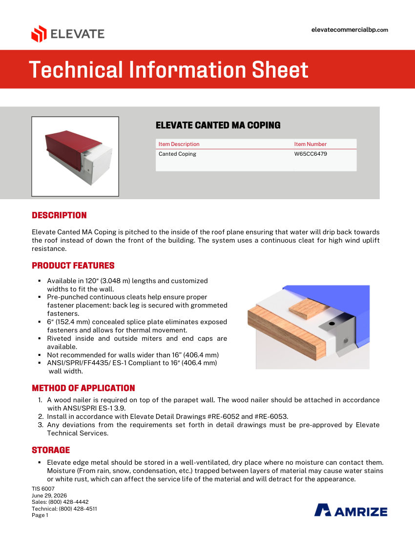 Elevate TIS 6007 Elevate Canted MA Coping cut sheet — first page