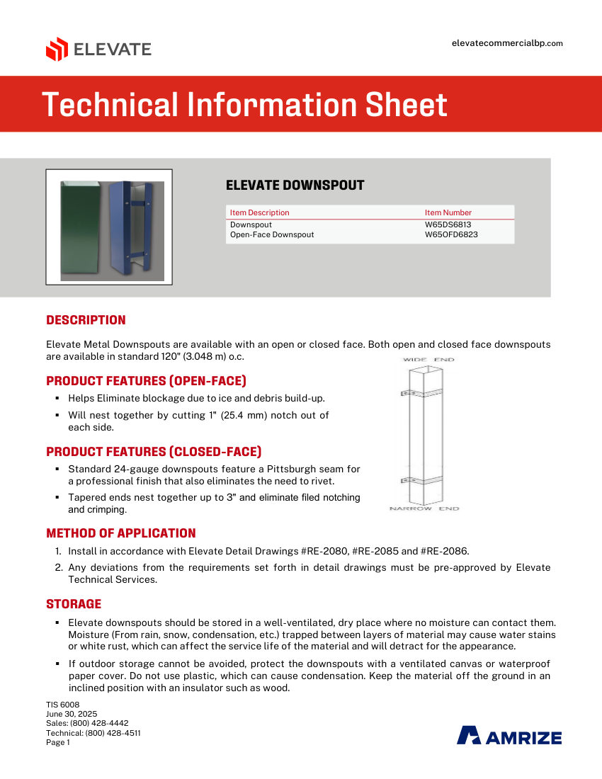 Elevate TIS 6008 Elevate Downspouts cut sheet — first page