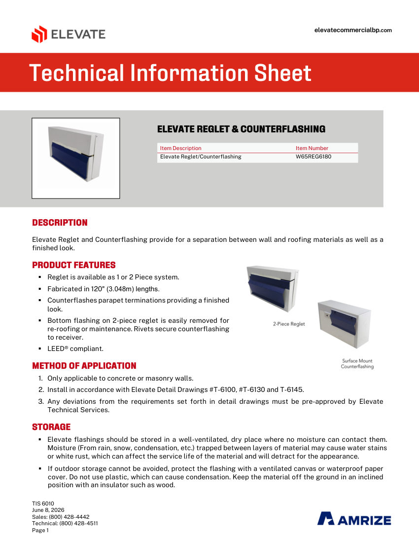 Elevate TIS 6010 Elevate Reglet & Counterflashing cut sheet — first page