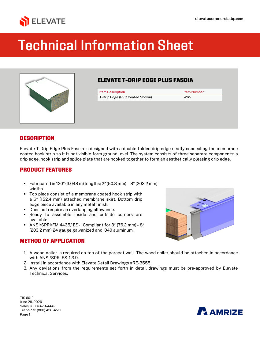 Elevate TIS 6012 T-Drip Edge Plus Fascia cut sheet — first page
