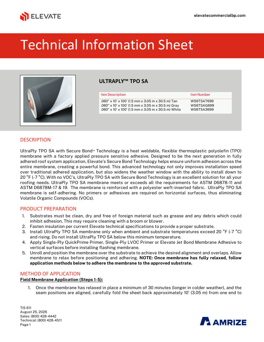 Elevate TIS 611 - ULTRAPLY TPO SA cut sheet — first page