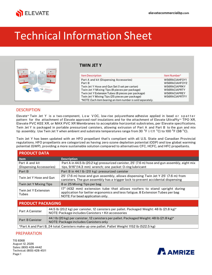 Elevate TIS 836B - TWIN JET Y cut sheet — first page
