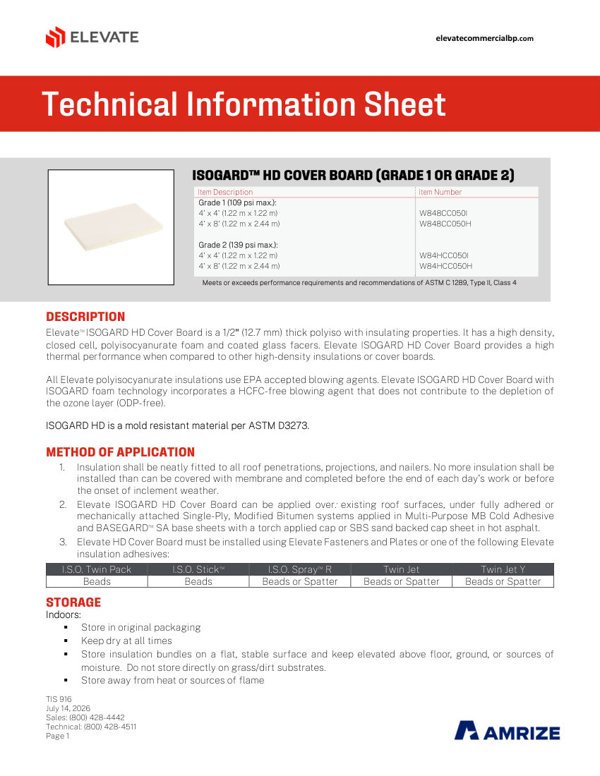 Elevate TIS 916 - ISOGARD HD COVER BOARD cut sheet — first page
