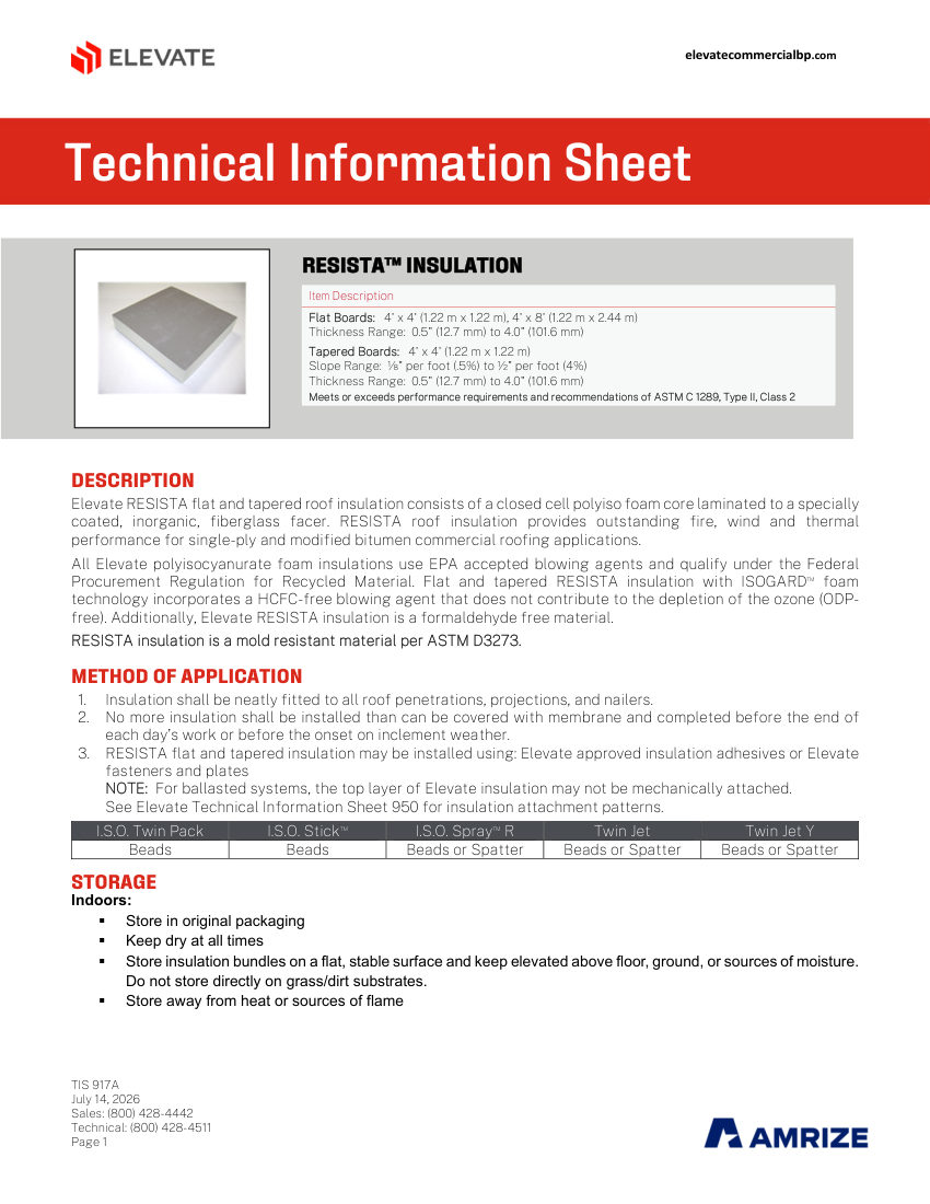 Elevate TIS 917A - RESISTA cut sheet — first page