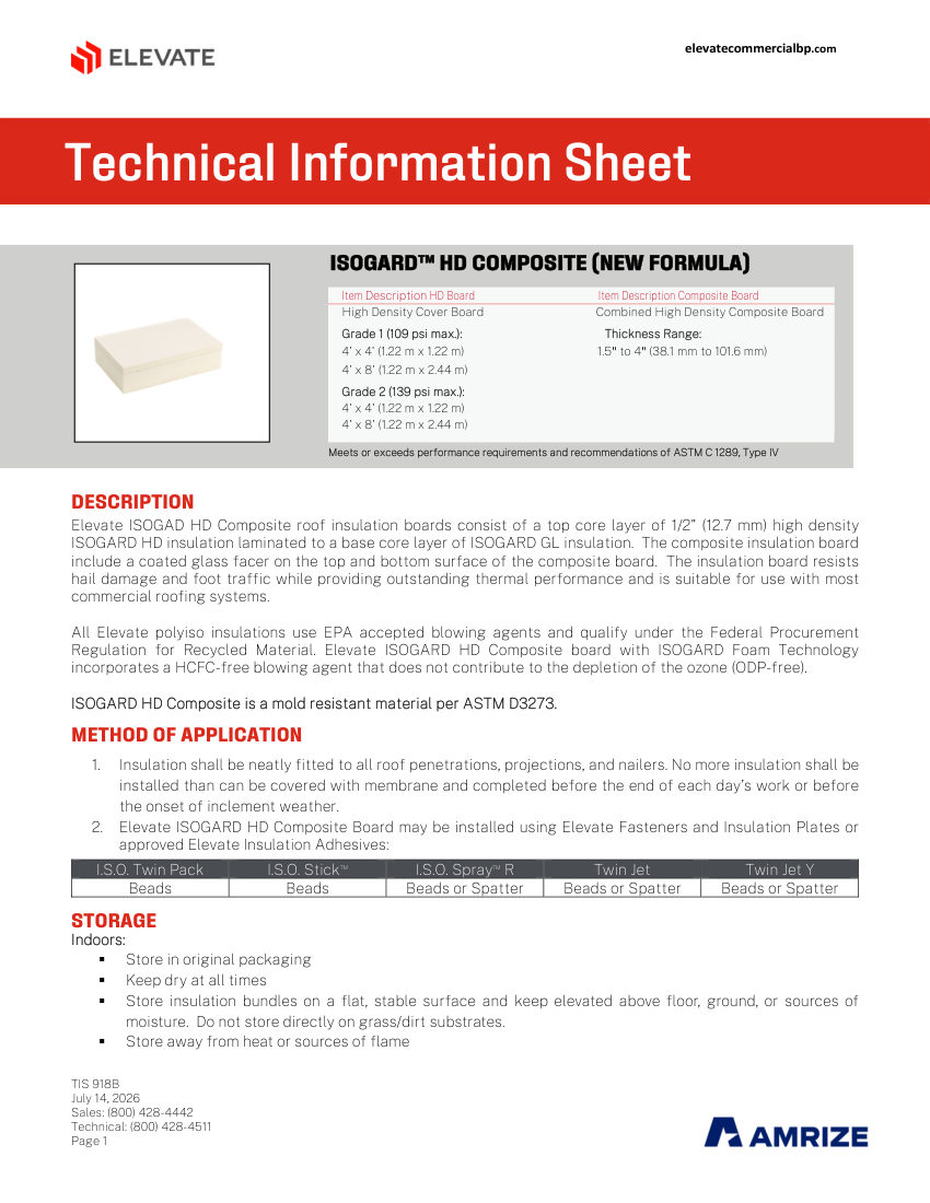 Elevate TIS 918 B - ISOGARD HD COMPOSITE INSULATION cut sheet — first page