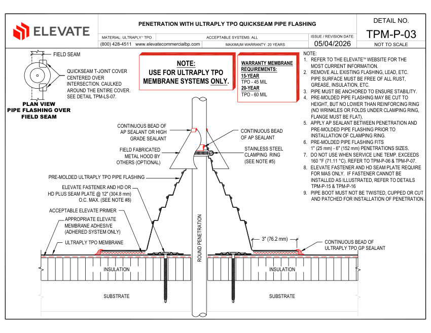 Elevate TPM -P-03 (UT-P-03) - PENETRATION WITH QUICKSEAM PIPE FLASHI cut sheet — first page