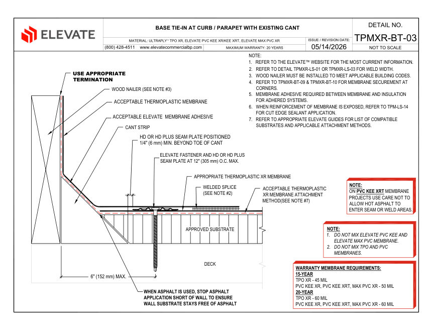 Elevate TPMXR-BT-03 (UTXR-BT-03 & PVCXR-BT-03) - BASE TIE-IN AT CURB cut sheet — first page