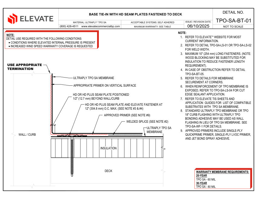 Elevate TPO-SA-BT-01 - BASE TIE-IN WITH HD SEAM PLATES FASTENED TO D cut sheet — first page