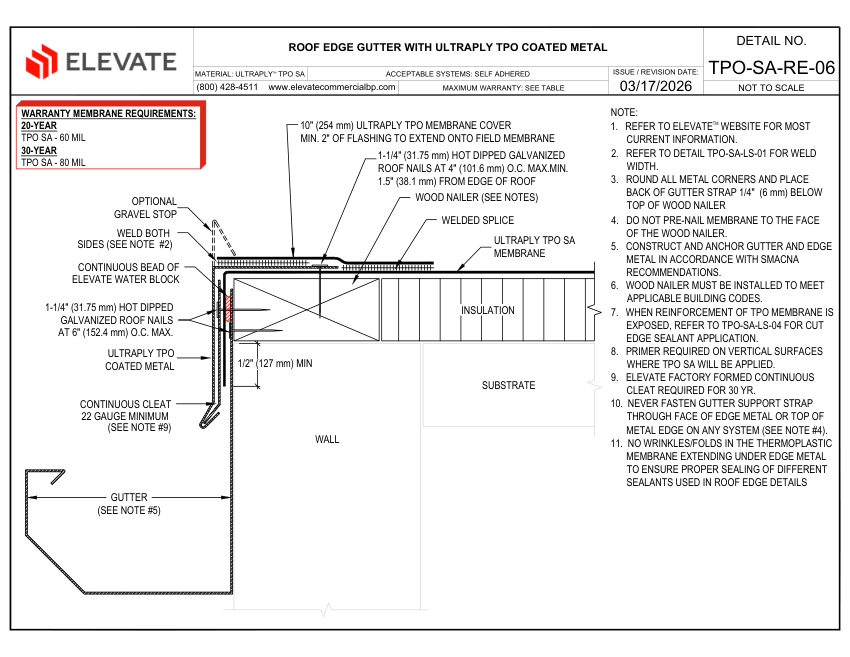 Elevate TPO-SA-RE-06 - ROOF EDGE GUTTER WITH ULTRAPLY TPO COATED MET cut sheet — first page