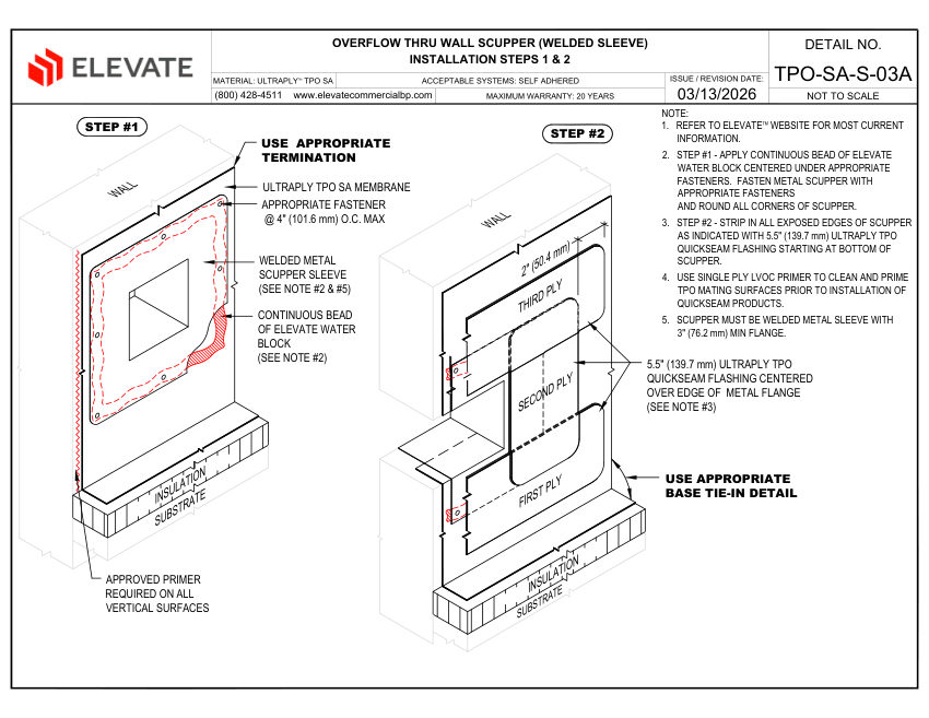 Elevate TPO-SA-S-03A - OVERFLOW THRU WALL SCUPPER (WELDED SLEEVE) IN cut sheet — first page