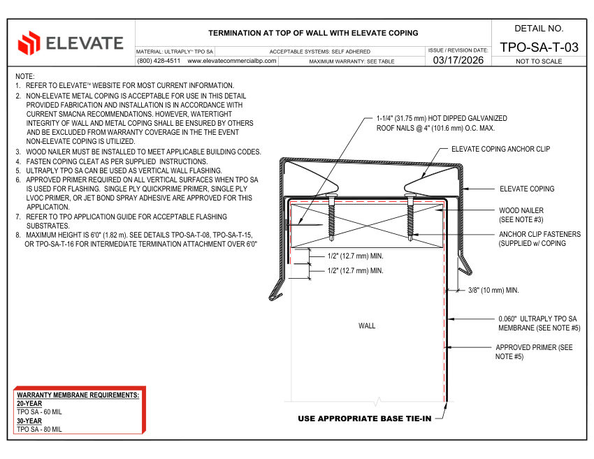 Elevate TPO-SA-T-03 - TERMINATION AT TOP OF WALL WITH ELEVATE COPING cut sheet — first page
