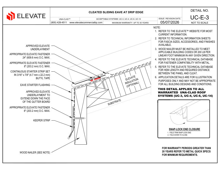 Elevate UC-E-3 - CLEATED SLIDING EAVE AT DRIP EDGE cut sheet — first page