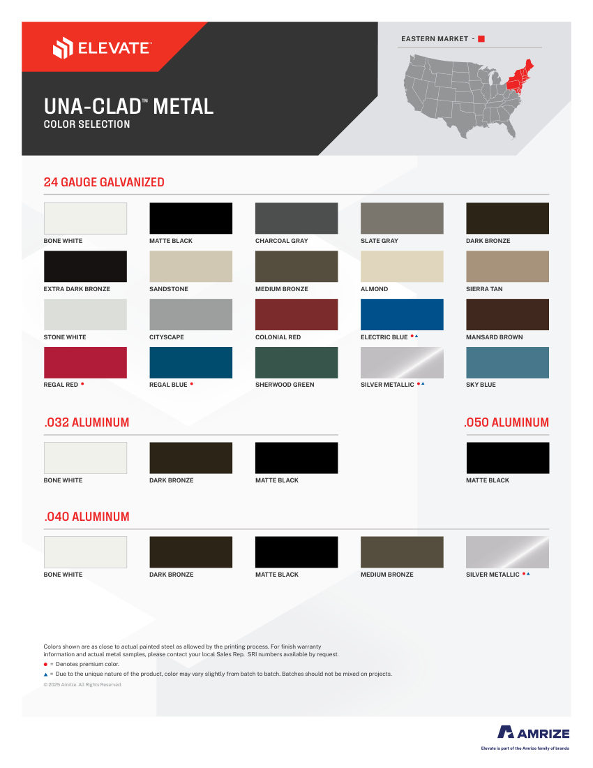 Elevate Una-Clad Metal Color Selection: Eastern Zone cut sheet — first page