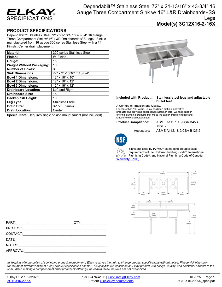 Elkay 3C12X16-2-16X cut sheet — first page