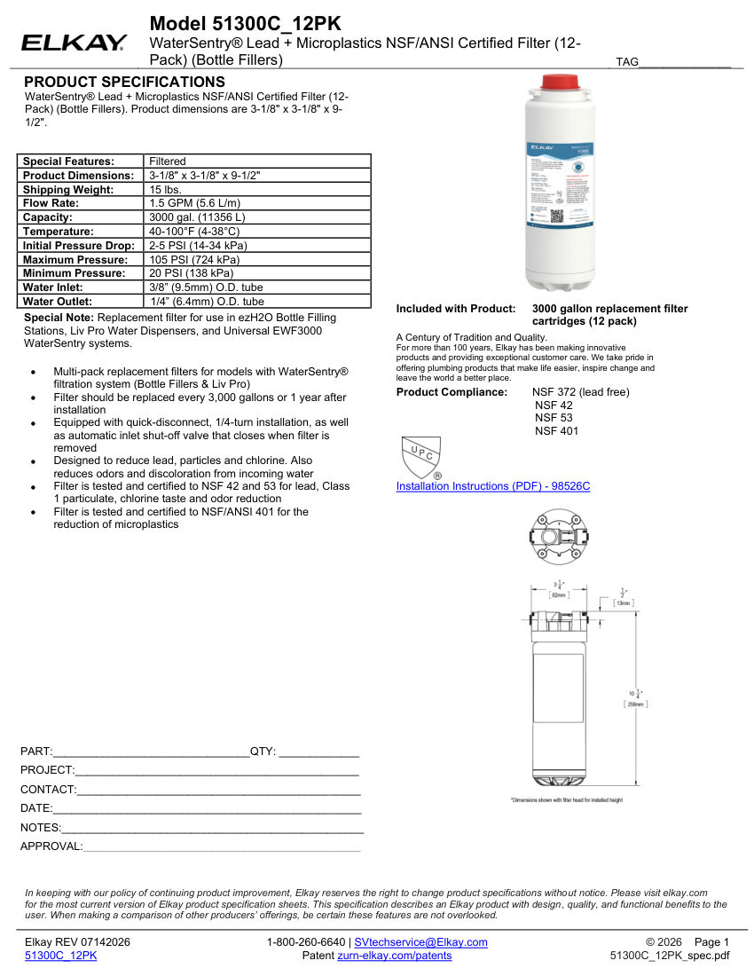 Elkay 51300C12PK cut sheet — first page