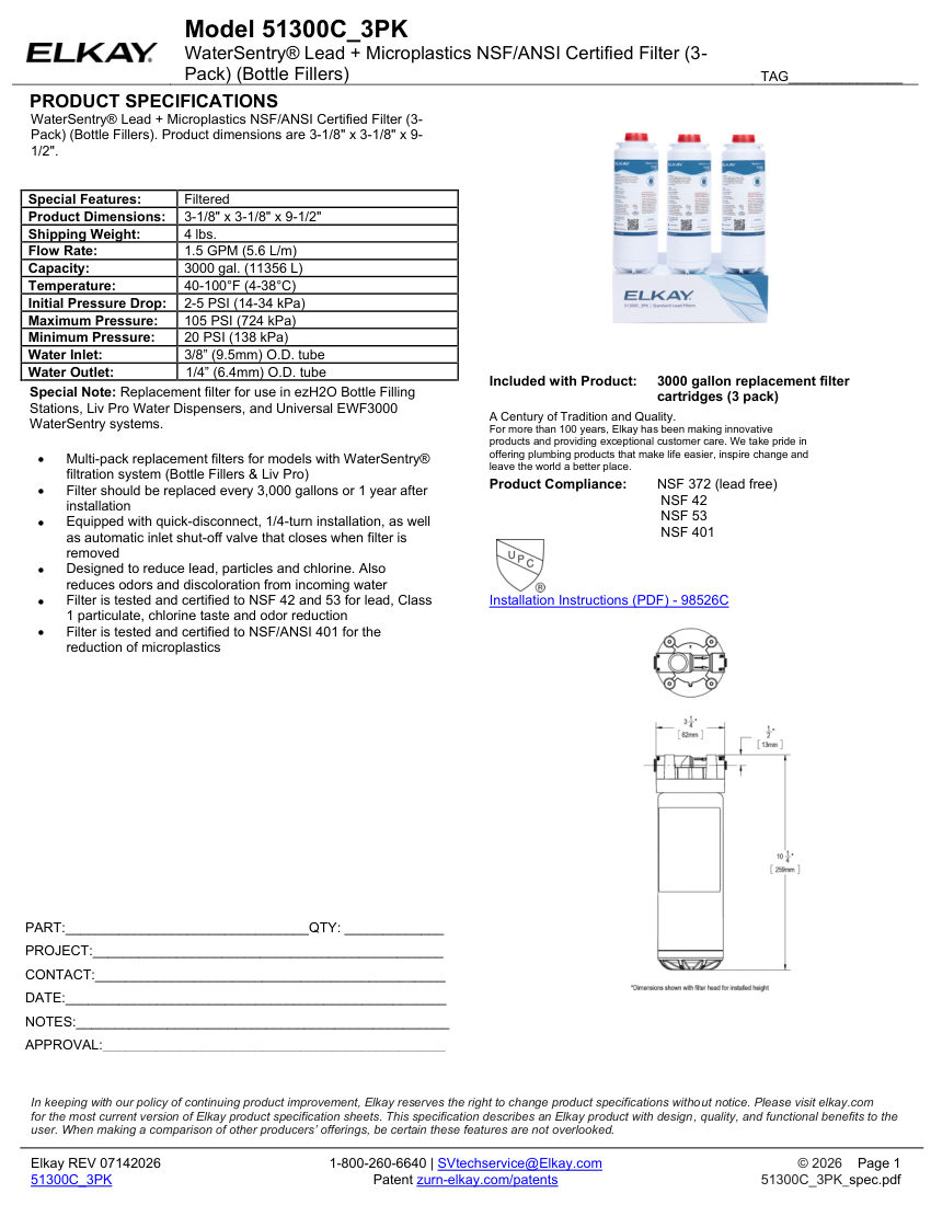 Elkay 51300C3PK cut sheet — first page