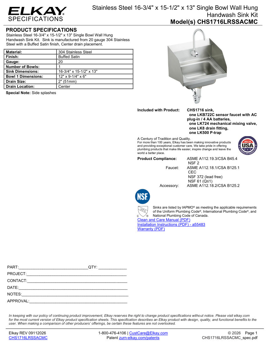 Elkay CHS1716LRSSACMC cut sheet — first page