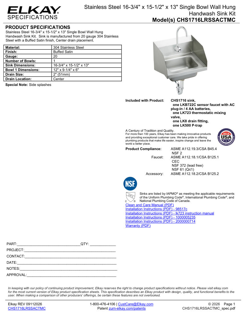 Elkay CHS1716LRSSACTMC cut sheet — first page