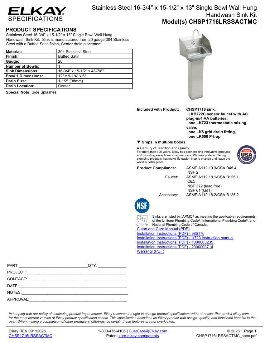 Elkay CHSP1716LRSSACTMC cut sheet — first page