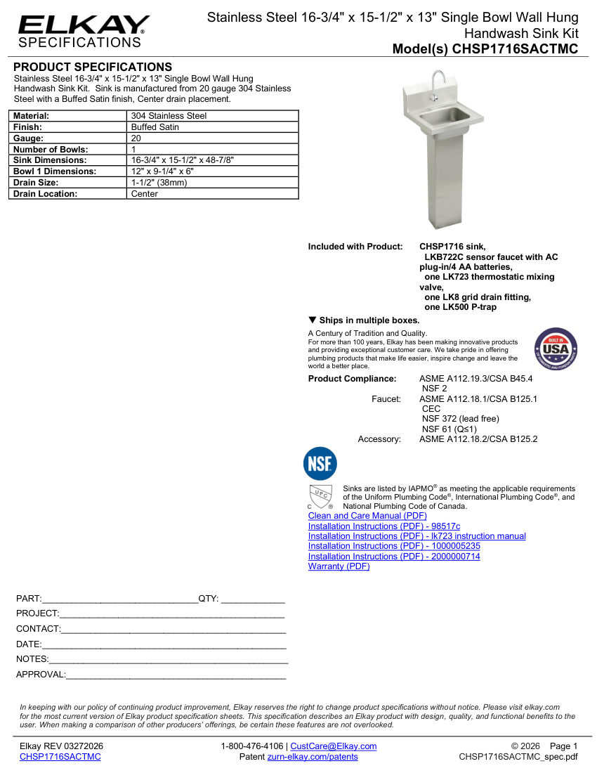 Elkay CHSP1716SACTMC cut sheet — first page