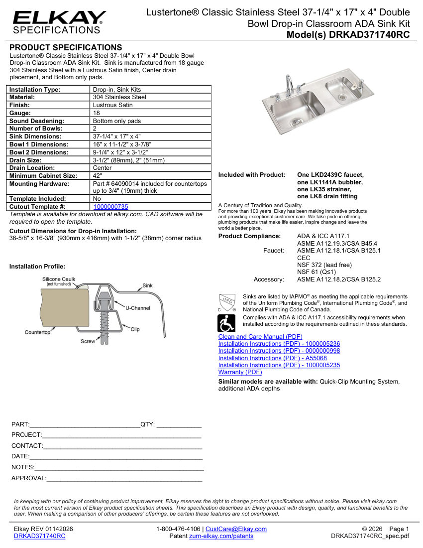 Elkay DRKAD371740RC cut sheet — first page
