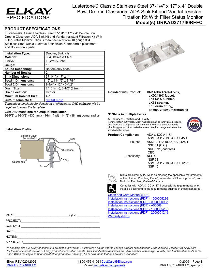 Elkay DRKAD371740RFFC cut sheet — first page
