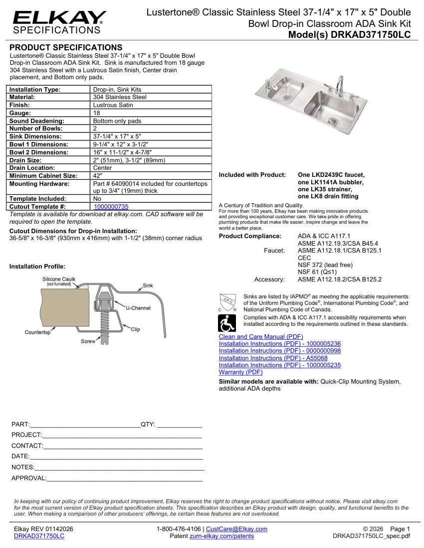 Elkay DRKAD371750LC cut sheet — first page