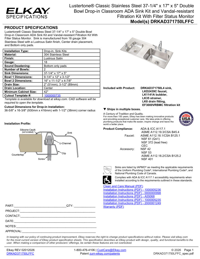 Elkay DRKAD371750LFFC cut sheet — first page