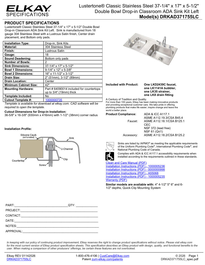 Elkay DRKAD371755LC cut sheet — first page