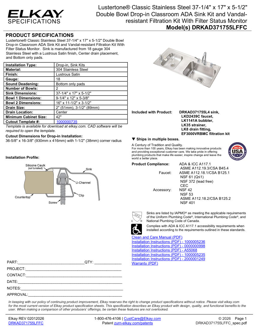 Elkay DRKAD371755LFFC cut sheet — first page