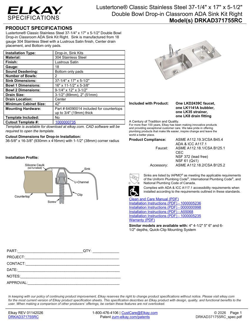 Elkay DRKAD371755RC cut sheet — first page