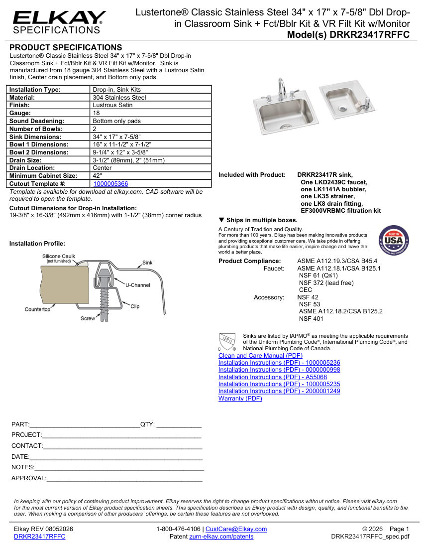 Elkay DRKR23417RFFC cut sheet — first page