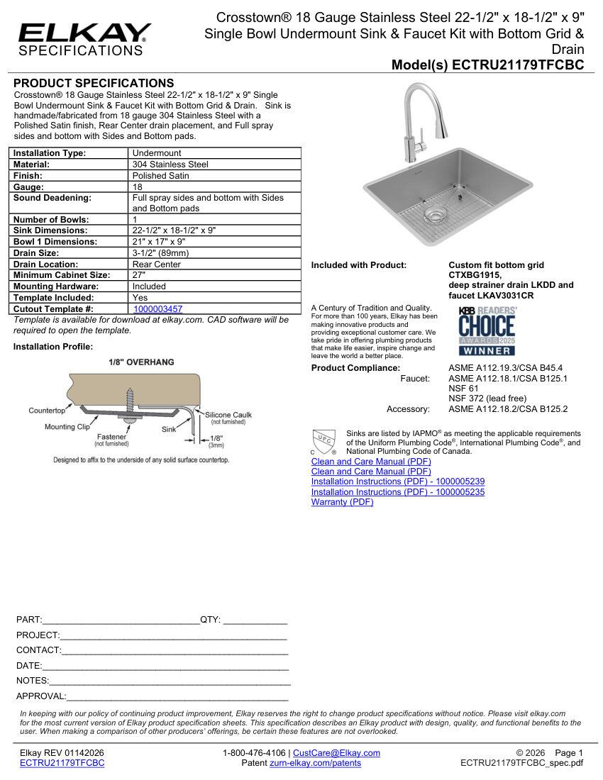 Elkay ECTRU21179TFCBC cut sheet — first page