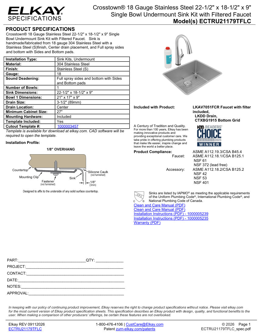 Elkay ECTRU21179TFLC cut sheet — first page