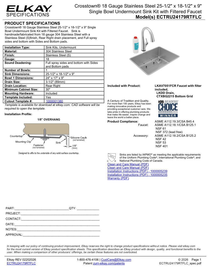 Elkay ECTRU24179RTFLC cut sheet — first page