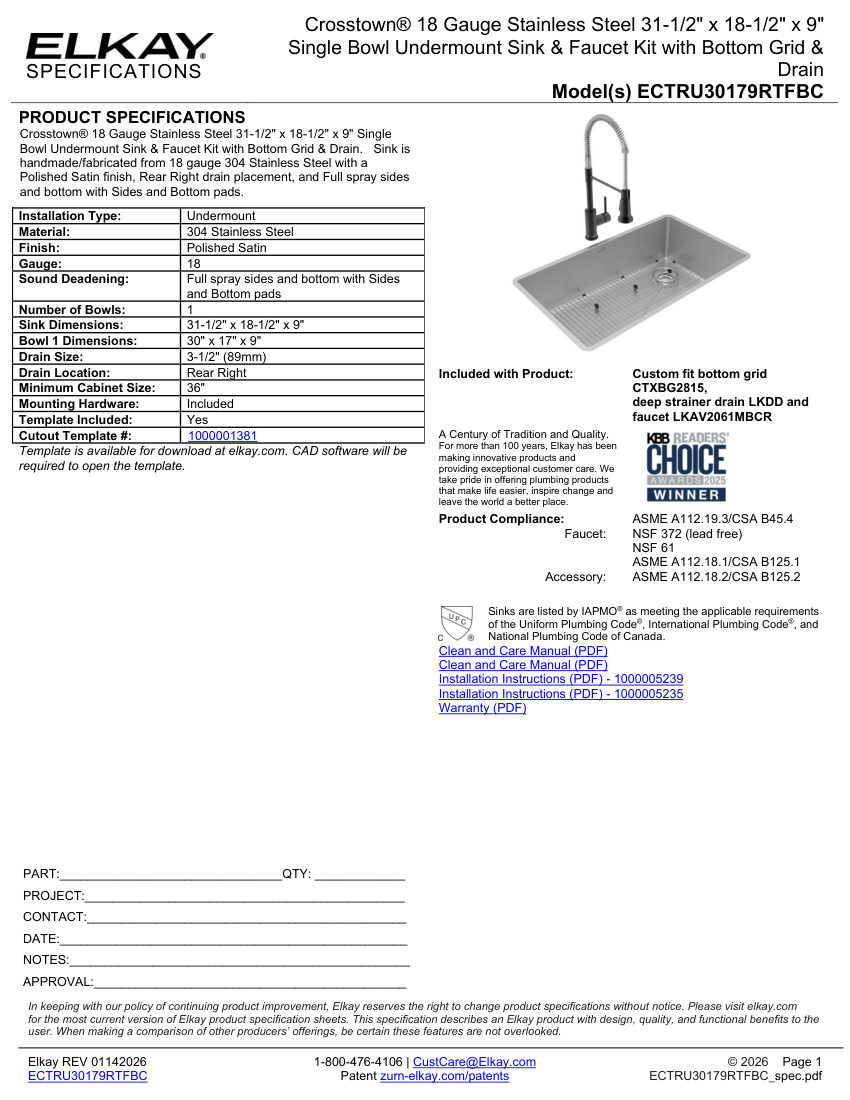 Elkay ECTRU30179RTFBC cut sheet — first page