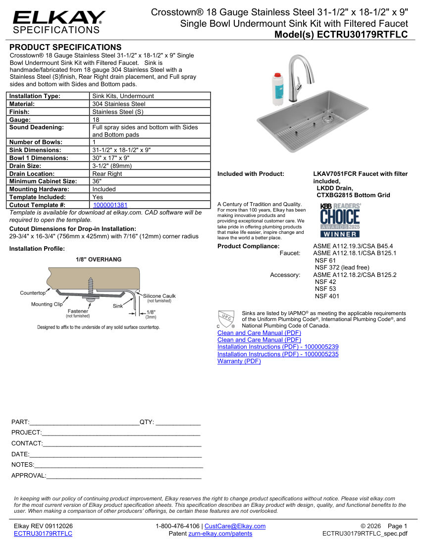 Elkay ECTRU30179RTFLC cut sheet — first page