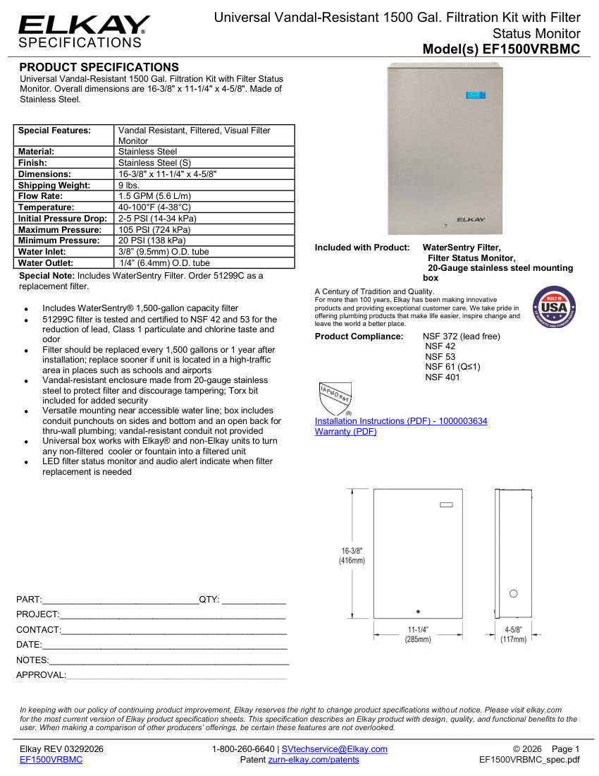 Elkay EF1500VRBMC cut sheet — first page