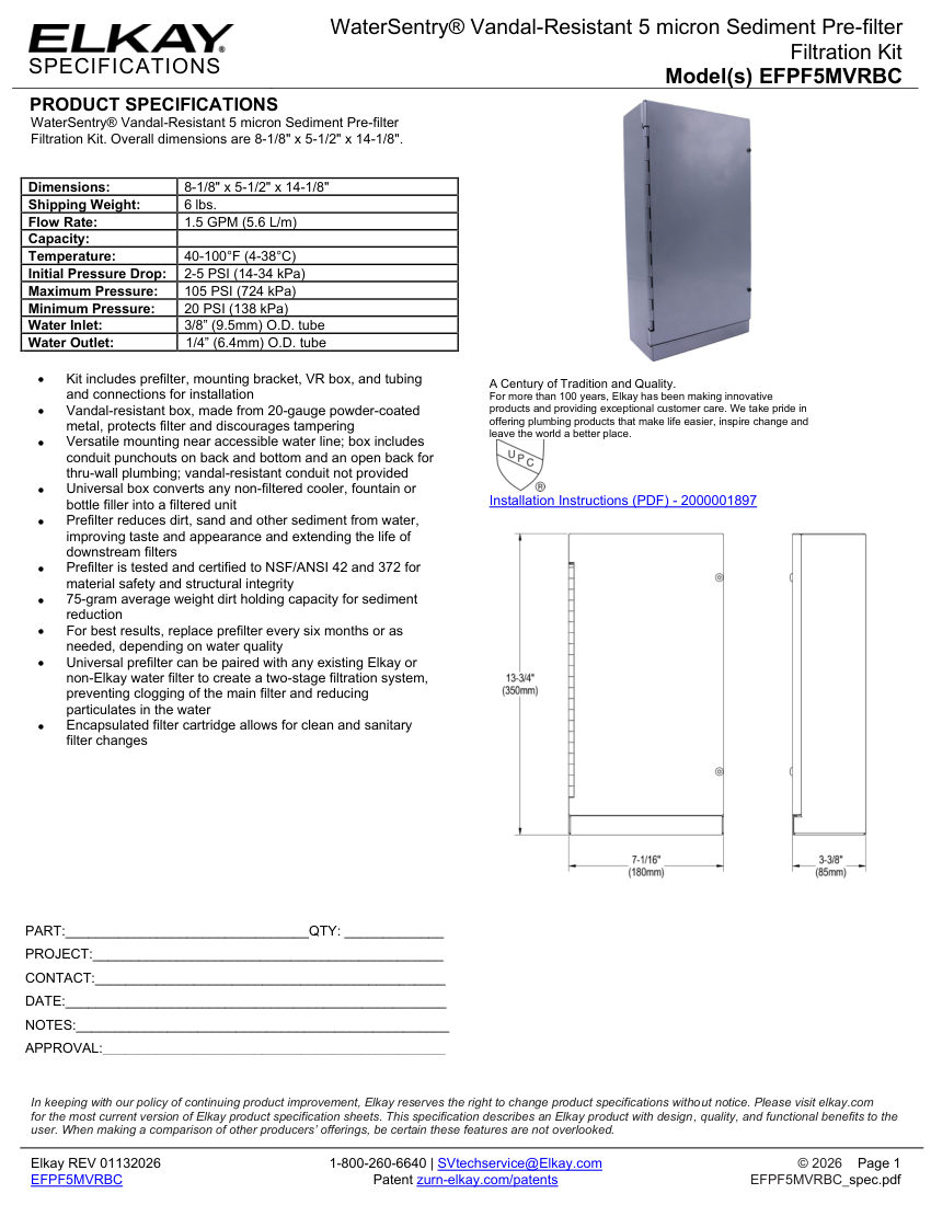 Elkay EFPF5MVRBC cut sheet — first page
