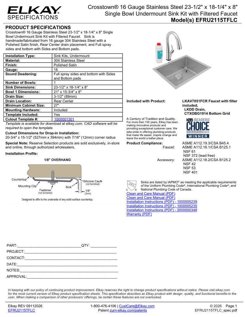 Elkay EFRU2115TFLC cut sheet — first page