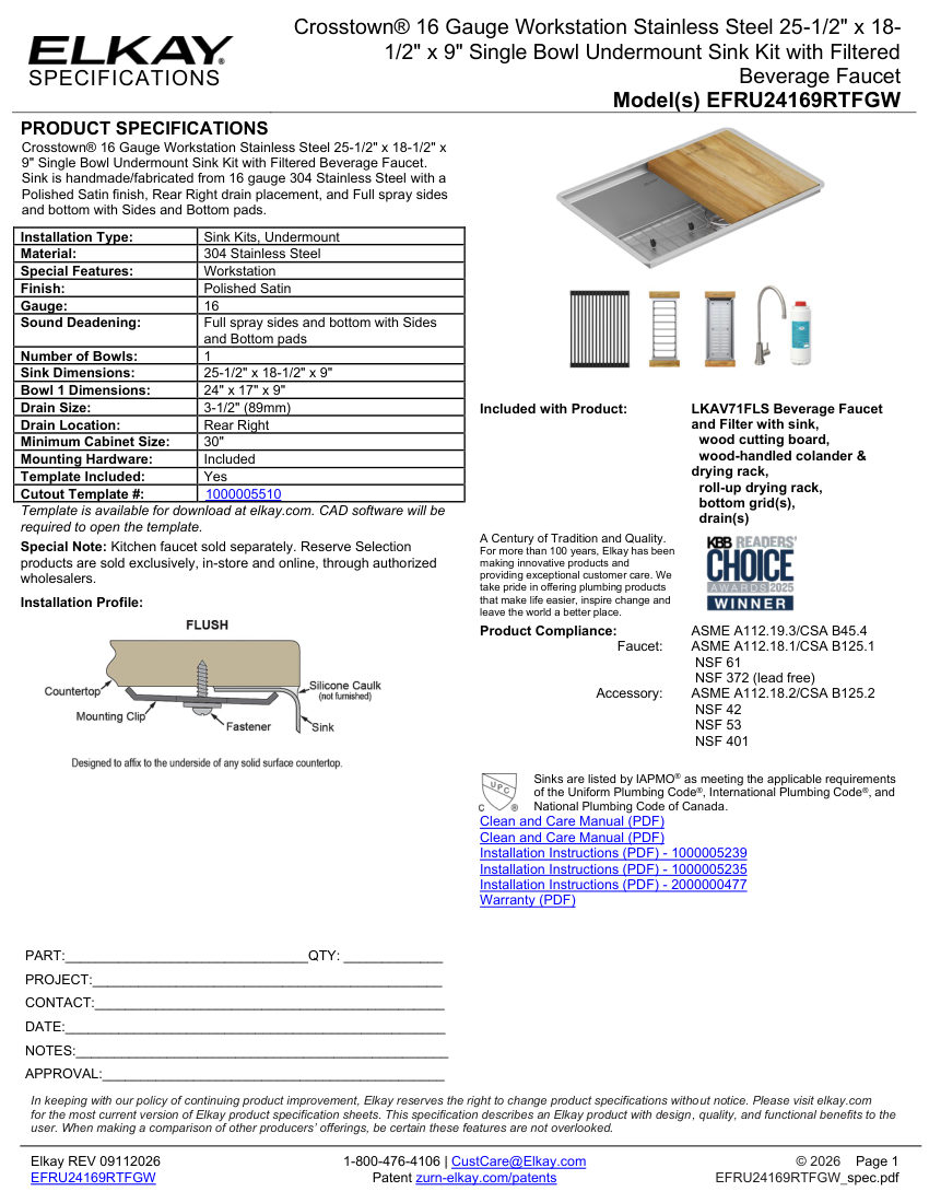 Elkay EFRU24169RTFGW cut sheet — first page