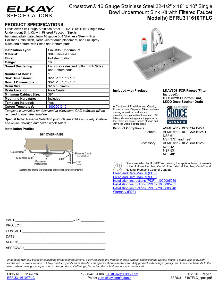 Elkay EFRU311610TFLC cut sheet — first page